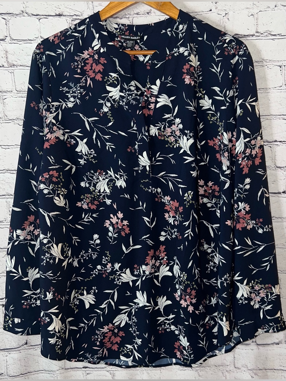 Hilary Radley Navy Blue Floral Print Business Casual Blouse Size XXL Dark
